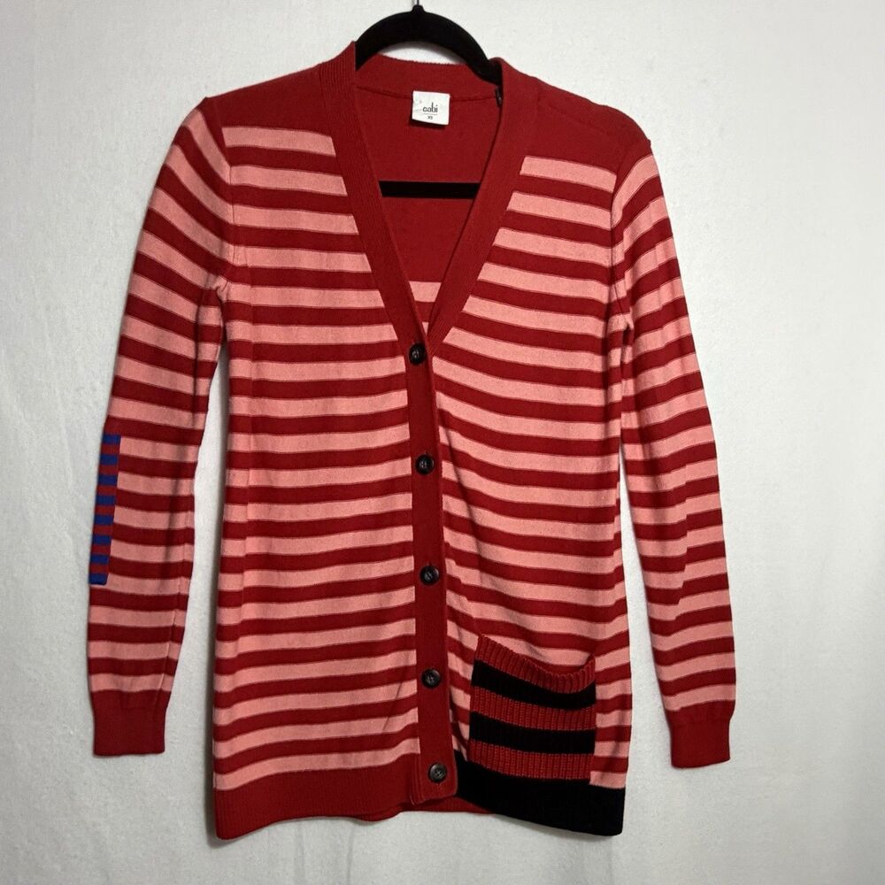 Cabi Red Pink Striped V Neck Picnic Cardigan Sweater Size XS Knit‎ Pocket